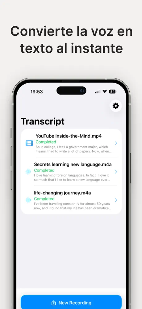 Pantalla principal de Instant Transcript