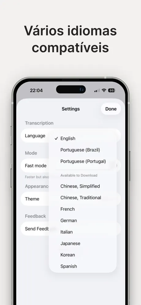 Ajustes de idioma no aplicativo
