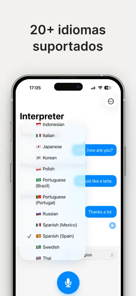 Seleção de idiomas do app