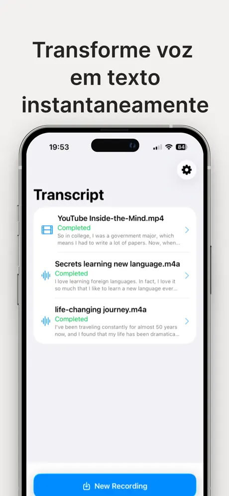 Tela principal do Instant Transcript