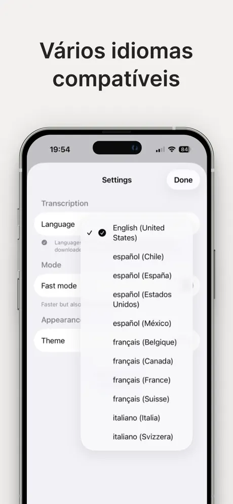 Ajustes de idiomas no aplicativo