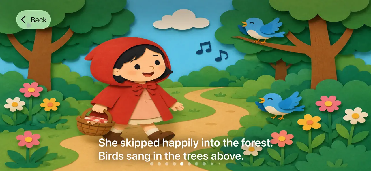 Caperucita Roja camina por el bosque con pájaros cantando